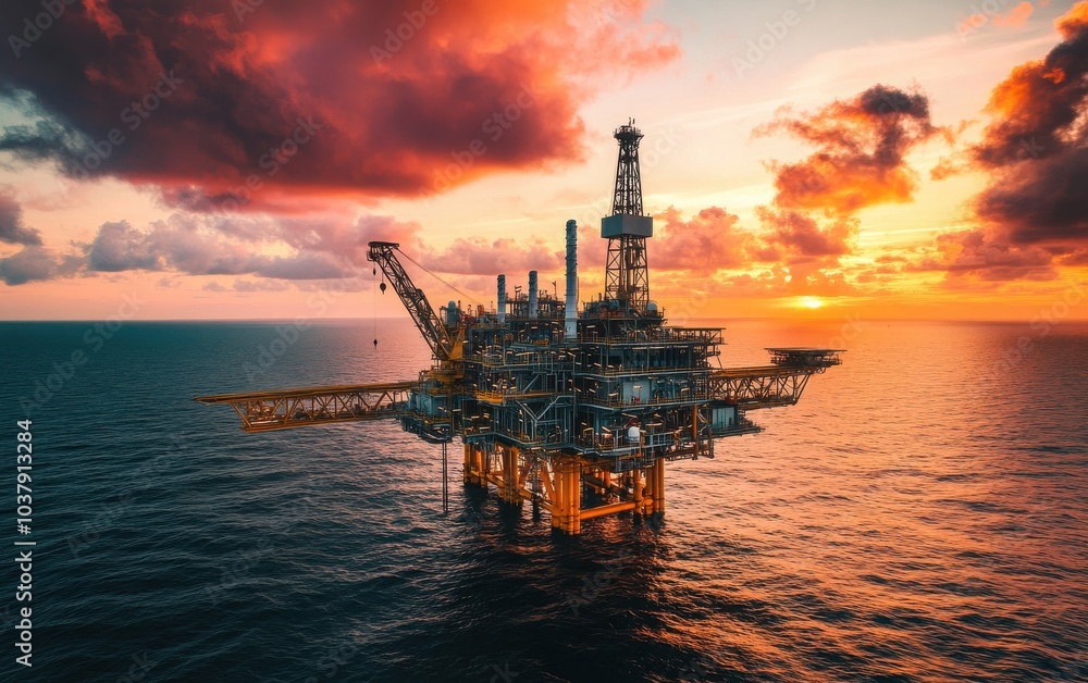 An expansive aerial perspective of a jack-up rig positioned offshore during sunset An expansive aerial perspective of a jack-up rig positioned offshore during sunset