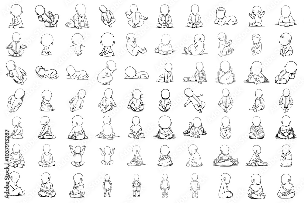 Bundle Black Line Art Small Cute Lovely Baby Hand Drawn Illustration Bundle Black Line Art Small Cute Lovely Baby Hand Drawn Illustration