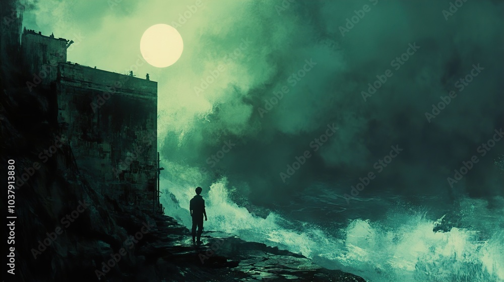 Lonely Figure Under a Full Moon in a Stormy Sea Lonely Figure Under a Full Moon in a Stormy Sea