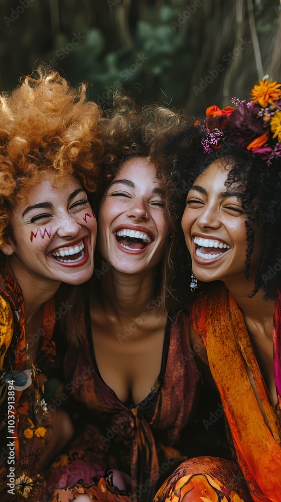 Obraz premium Three joyful women with curly hair laughing together in vibrant outfits.