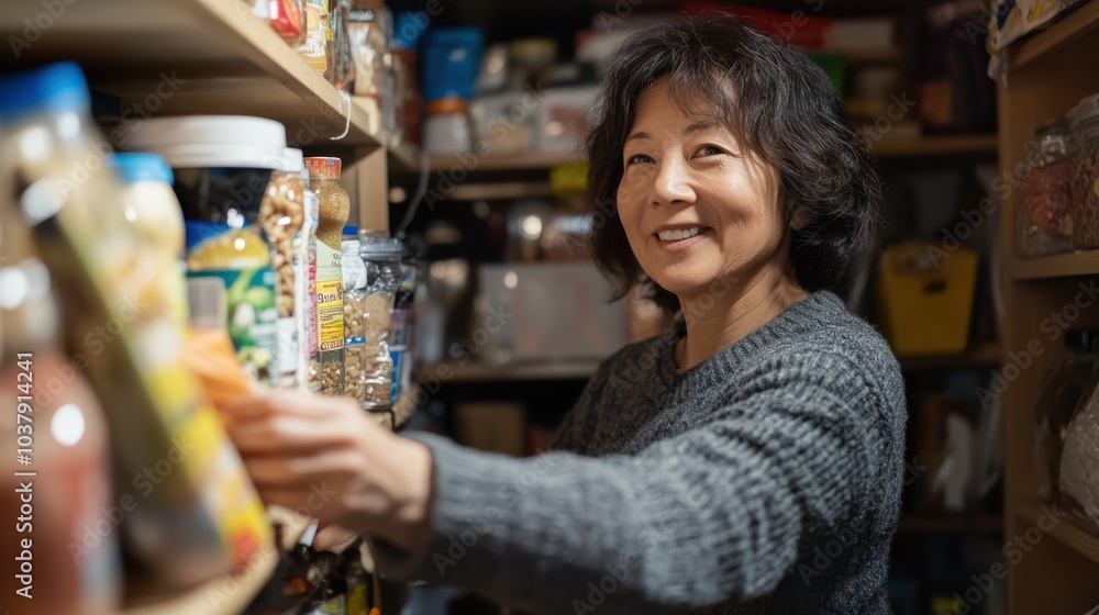 A woman is smiling while reaching for a jar of food in a pantry. The pantry is filled with various food items, including a bottle of mustard. The woman is enjoying her time in the pantry A woman is smiling while reaching for a jar of food in a pantry. The pantry is filled with various food items, including a bottle of mustard. The woman is enjoying her time in the pantry