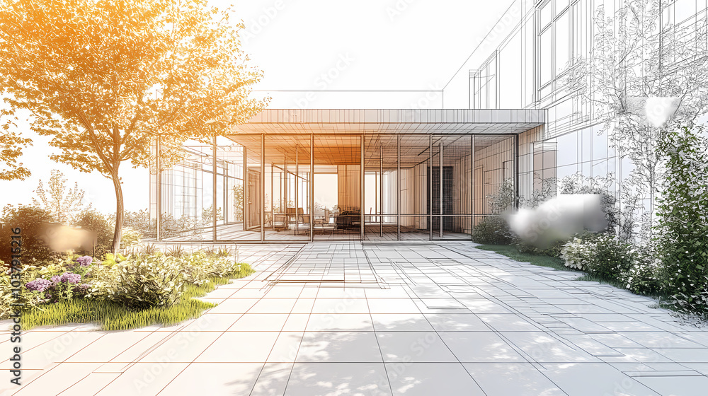 Obraz premium 3D render of building wireframe structure. London garden in summer with patio. Abstract construction graphic idea.