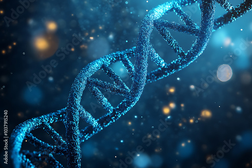 A close-up view of a DNA double helix structure against a blurred background.