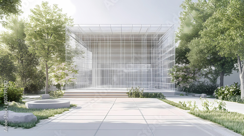 Wallpaper Mural 3D render of building wireframe structure. London garden in summer with patio. Abstract construction graphic idea. Torontodigital.ca
