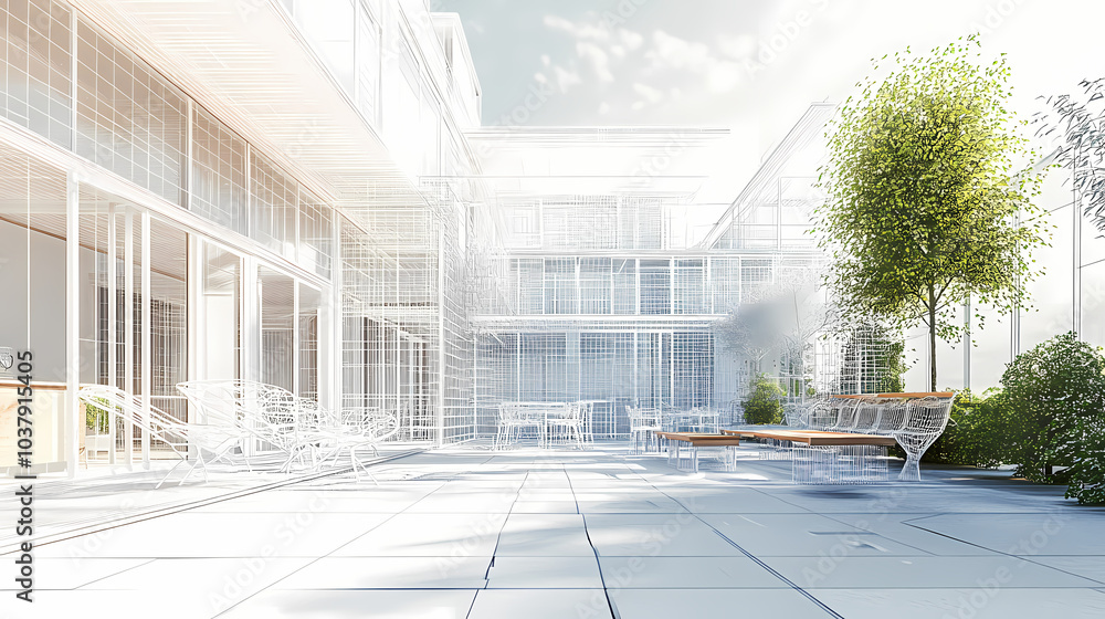 Obraz premium 3D render of building wireframe structure. London garden in summer with patio. Abstract construction graphic idea.