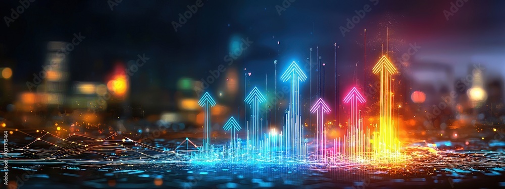 Colorful Data Visualization With Rising Arrows and City Lights Colorful Data Visualization With Rising Arrows and City Lights
