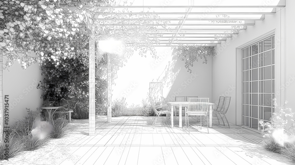 Fototapeta premium 3D render of building wireframe structure. London garden in summer with patio. Abstract construction graphic idea.