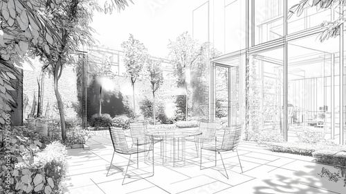 3D render of building wireframe structure. London garden in summer with patio. Abstract construction graphic idea.