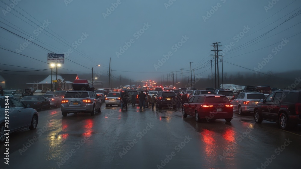 Obraz premium Residents evacuate a small American town as hurricane approaches, packing cars under overcast skies