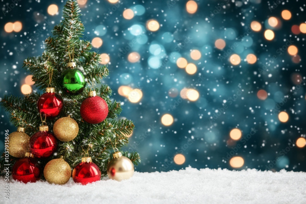 A majestic fir tree standing tall in a winter wonderland, covered in snow and adorned with red and green ornaments. A majestic fir tree standing tall in a winter wonderland, covered in snow and adorned with red and green ornaments.