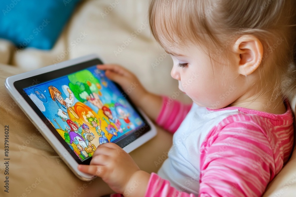 A child engaging with an educational game on a tablet, solving puzzles and learning new concepts in a gamified environment A child engaging with an educational game on a tablet, solving puzzles and learning new concepts in a gamified environment