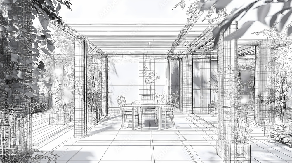 3D render of building wireframe structure. London garden in summer with patio. Abstract construction graphic idea. 3D render of building wireframe structure. London garden in summer with patio. Abstract construction graphic idea.