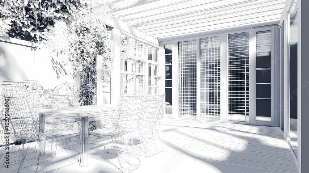 3D render of building wireframe structure. London garden in summer with patio. Abstract construction graphic idea. 3D render of building wireframe structure. London garden in summer with patio. Abstract construction graphic idea.