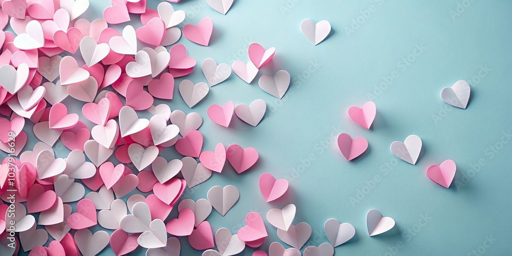 Scattered paper heart on light blue background Scattered paper heart on light blue background