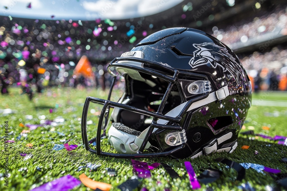 A close-up of a football helmet resting on the field with confetti and fan decorations scattered around. A close-up of a football helmet resting on the field with confetti and fan decorations scattered around.