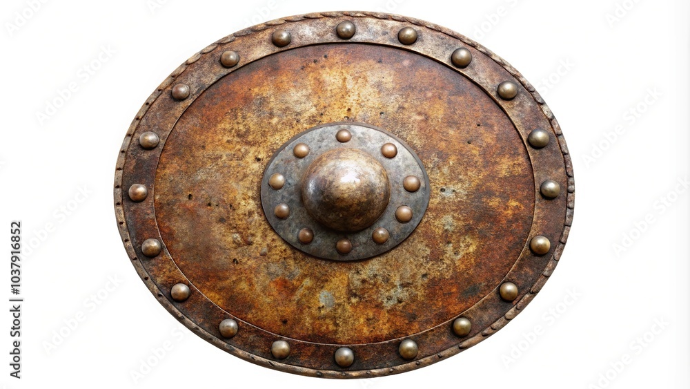 Naklejka premium Rusty medieval round shield with rivets isolated on white background in forced perspective