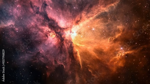 A vibrant nebula in shades of pink and orange showcasing a new star forming at its center in the vastness of space