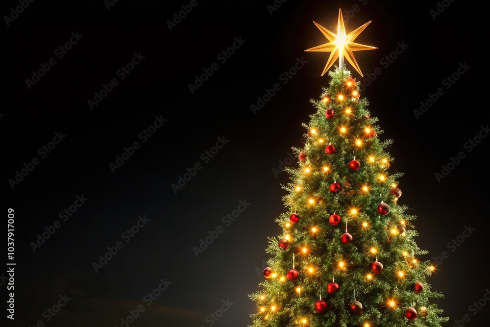 Reflected lighted Christmas tree with a star against black sky Reflected lighted Christmas tree with a star against black sky