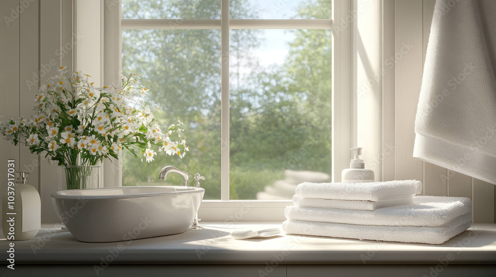 serene bathroom scene featuring white bathtub, neatly stacked towels, and vase of flowers by window. sunlight filters through, creating peaceful atmosphere serene bathroom scene featuring white bathtub, neatly stacked towels, and vase of flowers by window. sunlight filters through, creating peaceful atmosphere