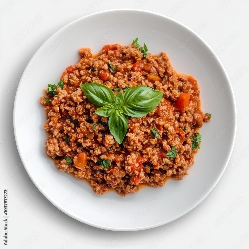 minced meat in tomato sauce on a white plate minced meat in tomato sauce on a white plate