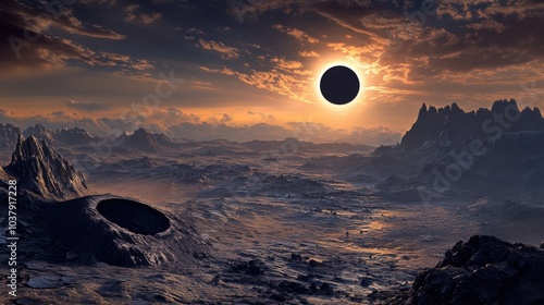 A stunning solar eclipse from an alien exoplanet, casting intricate shadows over its rugged, mysterious landscape at dusk