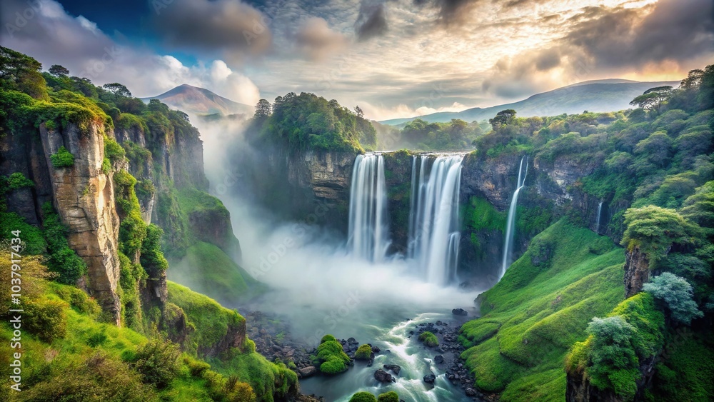 Scenic waterfall flowing into tranquil pool in misty valley Scenic waterfall flowing into tranquil pool in misty valley