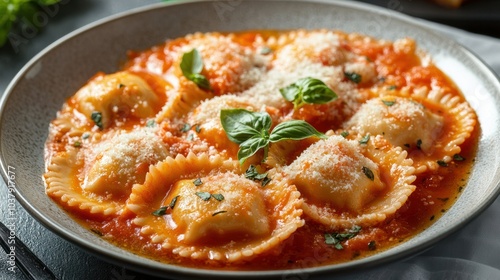 A detailed Full HD image of lobster ravioli served in a rich tomato sauce, garnished with fresh basil and grated cheese, capturing the sophistication of Italian cuisine.