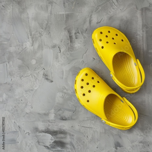 Bright yellow Crocs footwear positioned on a grey photo