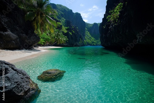 Crystal-clear lagoon surrounded by cliffs, with a narrow strip of beach and palm trees framing the tranquil waters