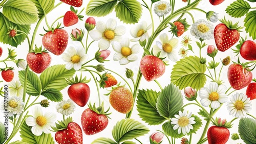 Wallpaper Mural Seamless botanical pattern with strawberries and flowers on white background Torontodigital.ca