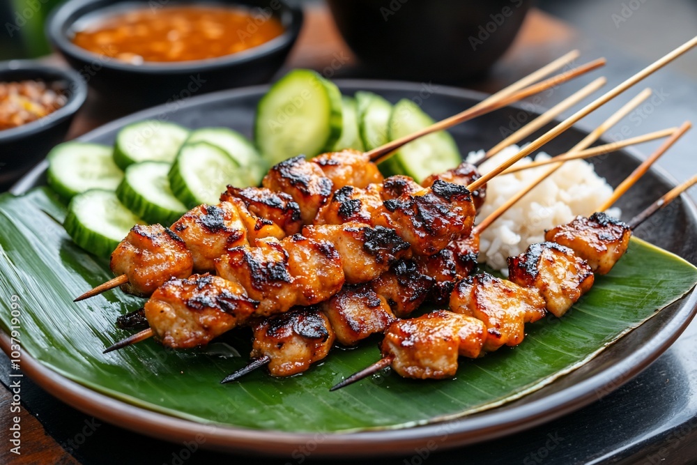 Grilled chicken skewers with rice, cucumber, and dipping sauce on a banana leaf. Grilled chicken skewers with rice, cucumber, and dipping sauce on a banana leaf.