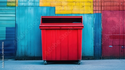 A vibrant Full HD image of a large red trash bin with a wide opening, capturing its robust design and practicality for outdoor or industrial waste management.