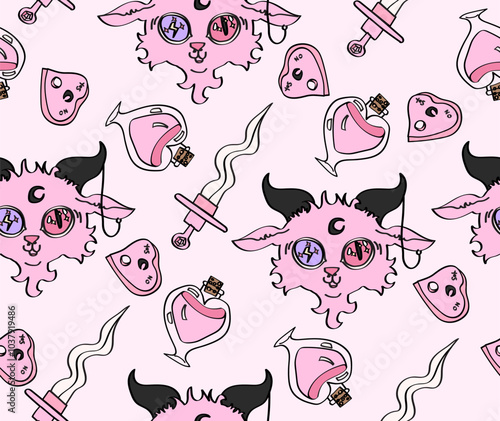 Pink halloween witchy seamless pattern with goat head, potion bottle and dagger.