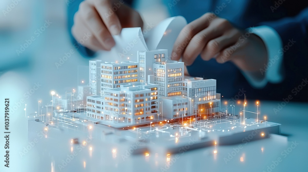 Naklejka premium Model Building Concept with Dynamic Lighting Effects