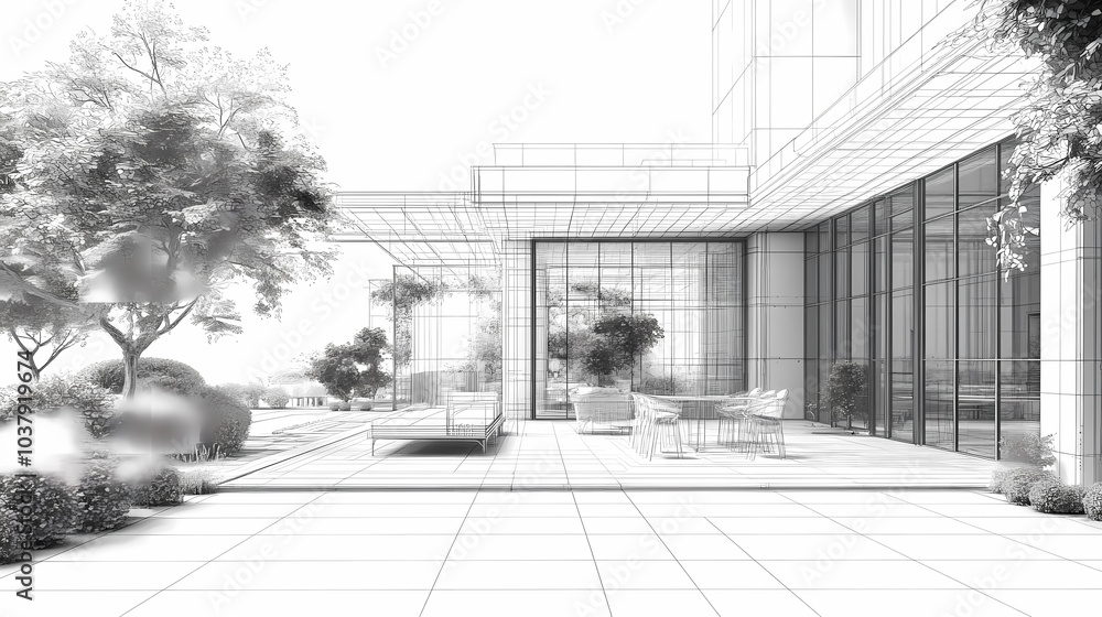3D render of building wireframe structure. London garden in summer with patio. Abstract construction graphic idea. 3D render of building wireframe structure. London garden in summer with patio. Abstract construction graphic idea.
