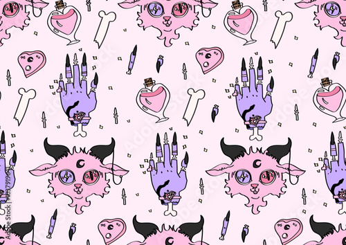 Pink halloween witchy seamless pattern with goat head, potion bottle and witches hand.
