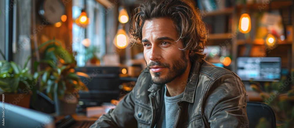Fototapeta premium Young man with long hair and beard sits in a rustic cafe, gazing thoughtfully.