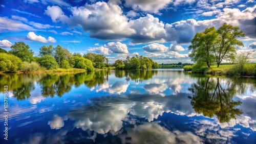 scenic landscape of country lake, trees, clouds, sky reflection on water