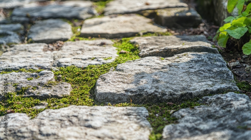 Detailed view of moss growing between the cracks of an ancient stone pathway, with tiny insects crawling. Detailed view of moss growing between the cracks of an ancient stone pathway, with tiny insects crawling.