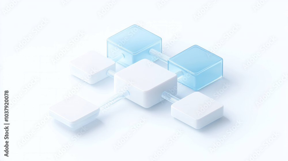 Modern isometric icon depicting chain of blocks in minimalist design, showcasing interconnected shapes in blue and white colors. This represents connectivity and structure Modern isometric icon depicting chain of blocks in minimalist design, showcasing interconnected shapes in blue and white colors. This represents connectivity and structure