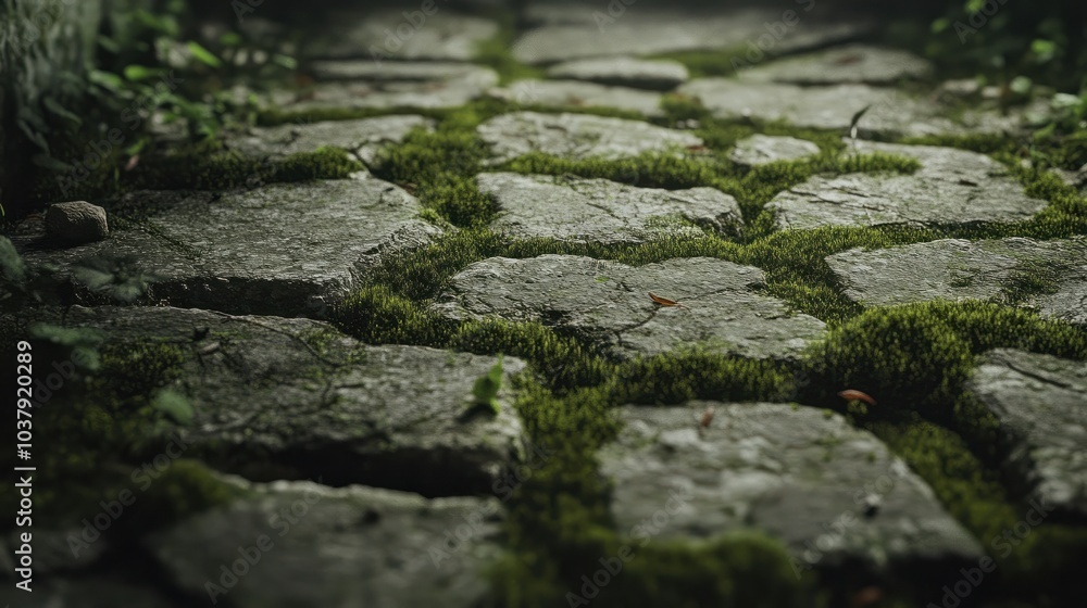 Detailed view of moss growing between the cracks of an ancient stone pathway, with tiny insects crawling. Detailed view of moss growing between the cracks of an ancient stone pathway, with tiny insects crawling.