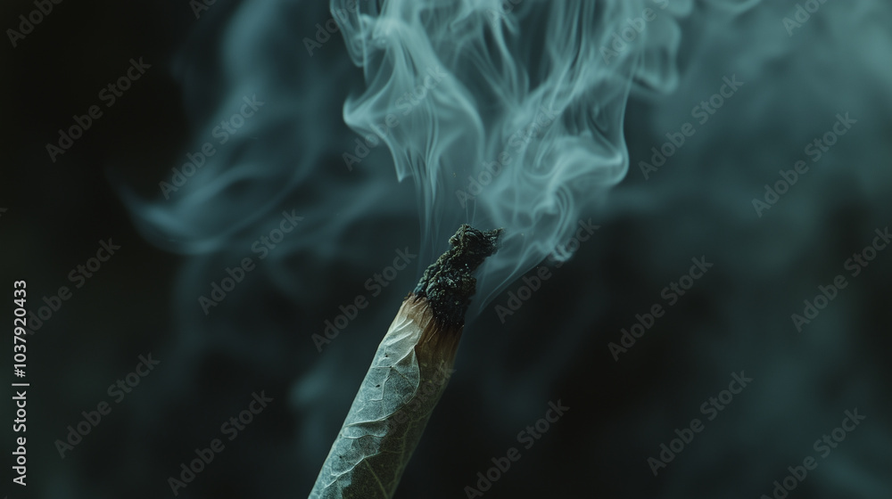 Close-up of Lit Marijuana Joint with Rising Smoke Against Dark Background Close-up of Lit Marijuana Joint with Rising Smoke Against Dark Background