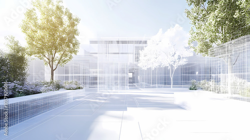 Fototapeta Naklejka Na Ścianę i Meble -  3D render of building wireframe structure. London garden in summer with patio. Abstract construction graphic idea.