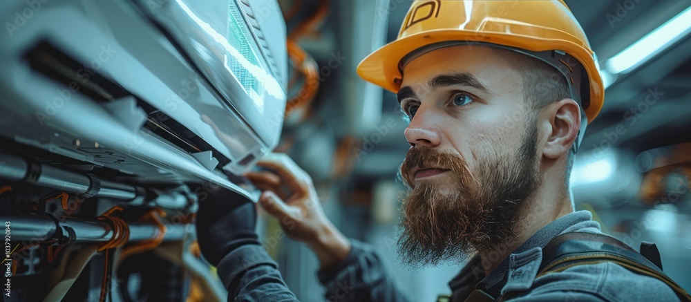 A worker with a beard wearing a yellow hardhat looks intently at the underside of a car. A worker with a beard wearing a yellow hardhat looks intently at the underside of a car.