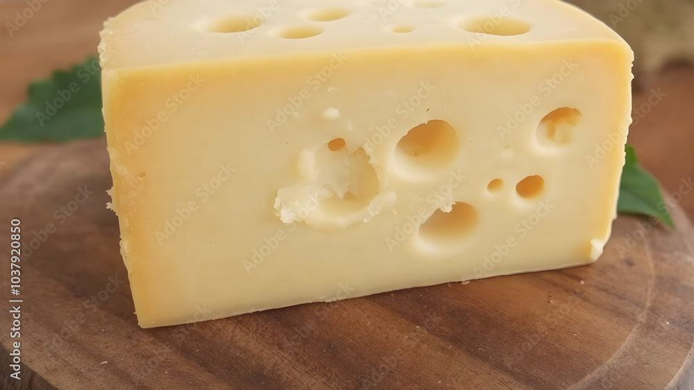 A close-up of a wedge of Swiss cheese on a wooden surface, with green leaves in the background A close-up of a wedge of Swiss cheese on a wooden surface, with green leaves in the background