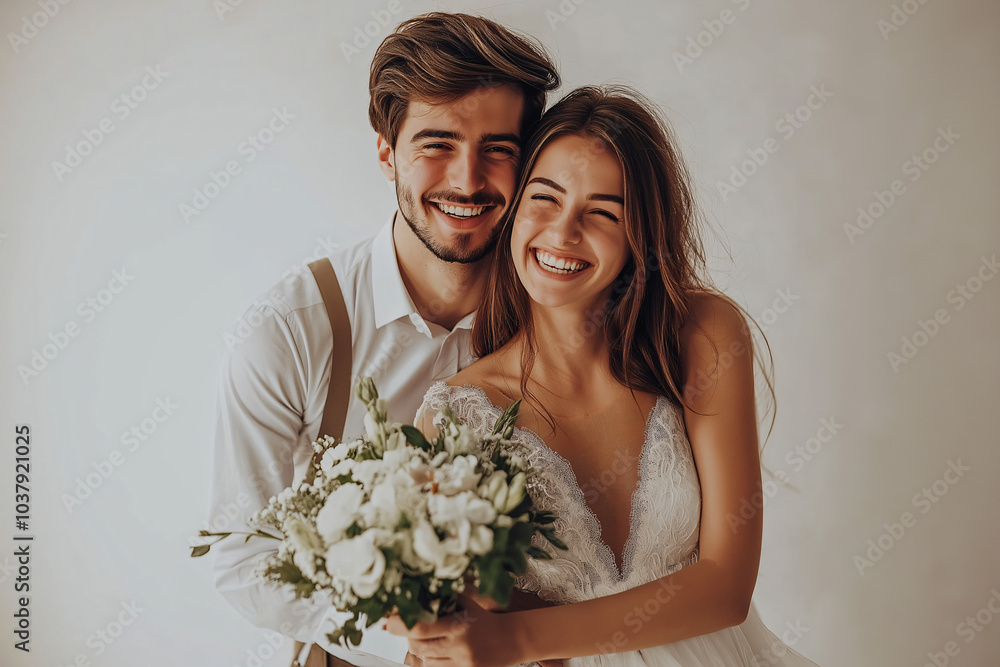 A happy couple, dressed in wedding attire, share a warm embrace and radiant smiles. The bride holds a bouquet of white flowers, and the natural light enhances the simplicity and elegance of the moment A happy couple, dressed in wedding attire, share a warm embrace and radiant smiles. The bride holds a bouquet of white flowers, and the natural light enhances the simplicity and elegance of the moment