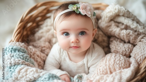 Adorable Baby Girl with Flower Headband in Basket