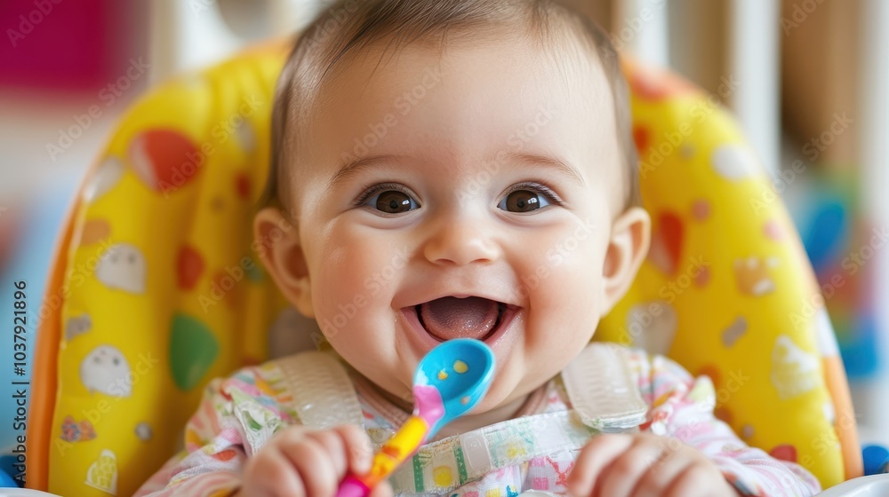 Smiling Baby Girl with Big Brown Eyes and Spoon Smiling Baby Girl with Big Brown Eyes and Spoon