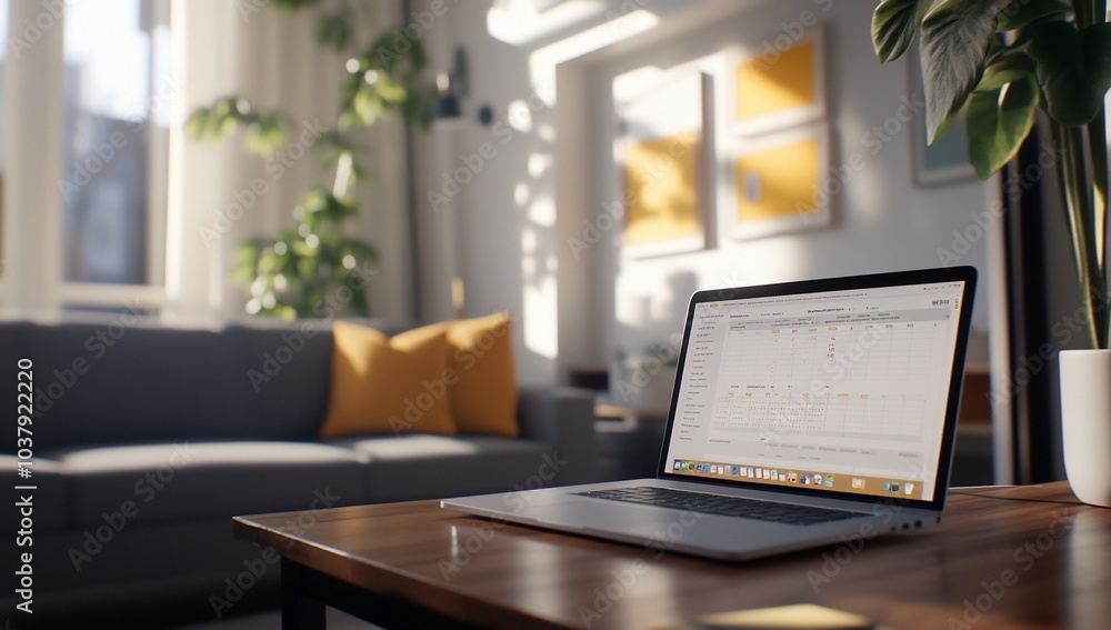 Modern living room with a laptop on a coffee table. Modern living room with a laptop on a coffee table.