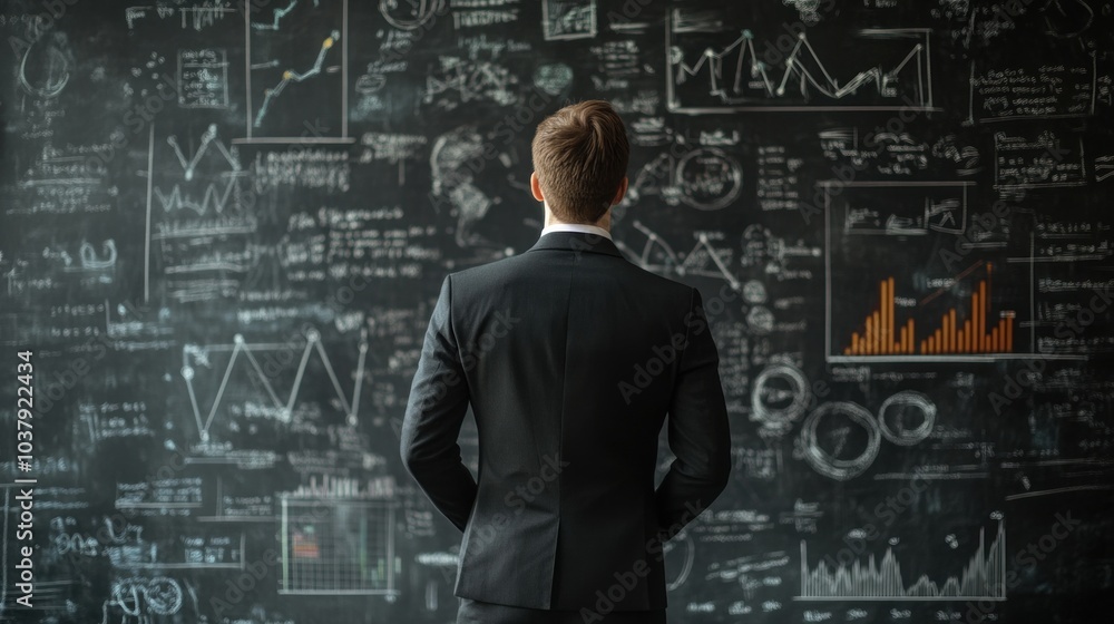 Businessman Analyzing Complex Graphs on Blackboard in Data-Driven Strategy Session Businessman Analyzing Complex Graphs on Blackboard in Data-Driven Strategy Session